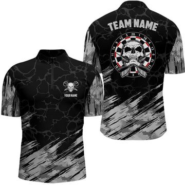 Personalisiertes All Over Print Dart-Shirt mit Totenkopf-Motiv, grau-schwarzes Dart-Trikot für Herren F917 - Climcat
