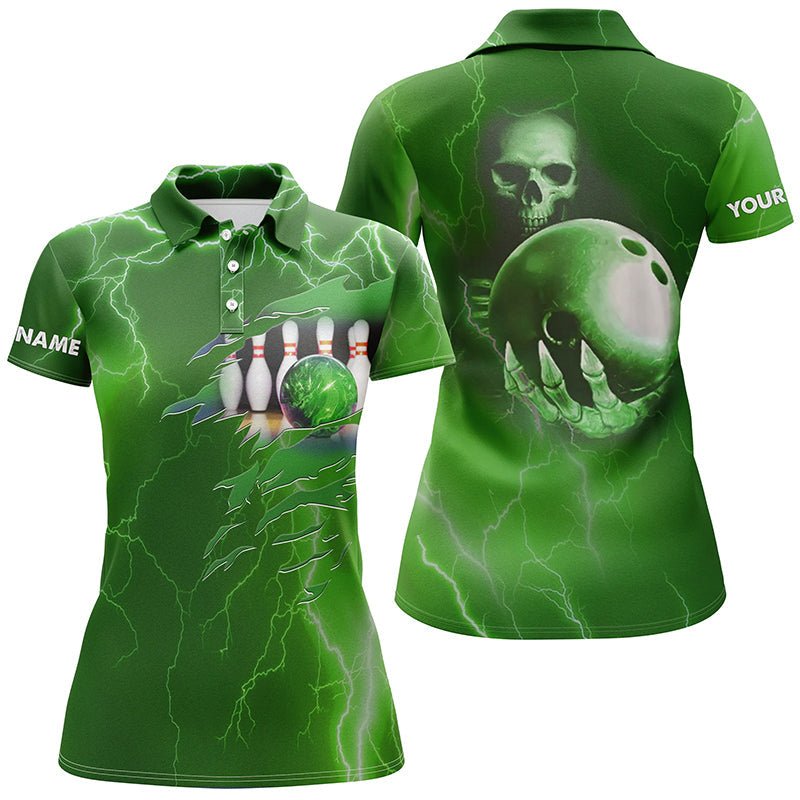 Personalisiertes Bowling-Polo-Shirt für Damen, grüner Blitz, individueller Name, Team Skull Bowling Trikots Q6493 - Climcat