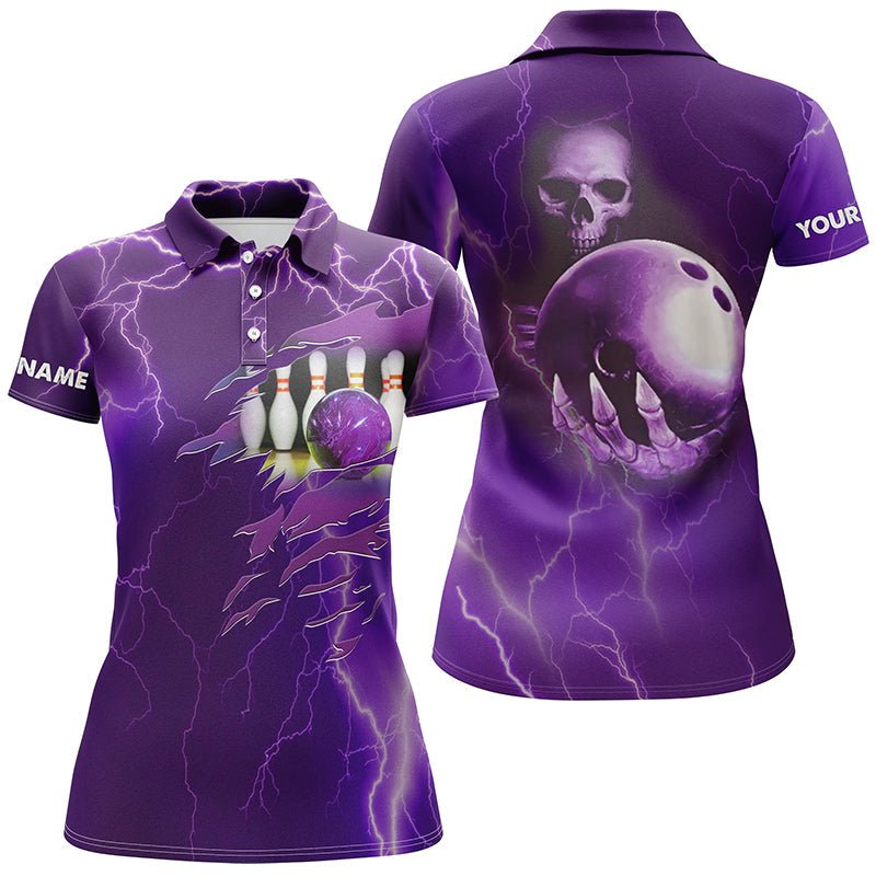 Personalisiertes Bowling-Polo-Shirt für Damen, lila Blitz, individueller Name, Team Skull Bowling Trikots Q6494 - Climcat