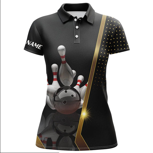 Personalisiertes Damen Bowling Polo Shirt Schwarz und Gold - Individuelles Bowling-Trikot für Damen - Team Bowling Shirt Q5947 - Climcat