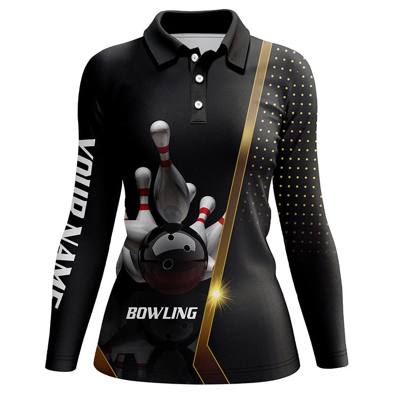 Personalisiertes Damen Bowling Polo Shirt Schwarz und Gold - Individuelles Bowling-Trikot für Damen - Team Bowling Shirt Q5947 - Climcat