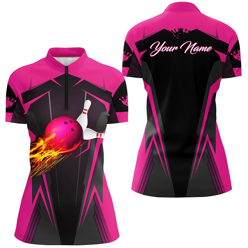 Personalisiertes Damen-Quarter-Zip-Shirt mit Flammen-Bowlingkugel-Pins, Bowlingtrikots für Bowlerinnen | Pink Q7014 - Climcat