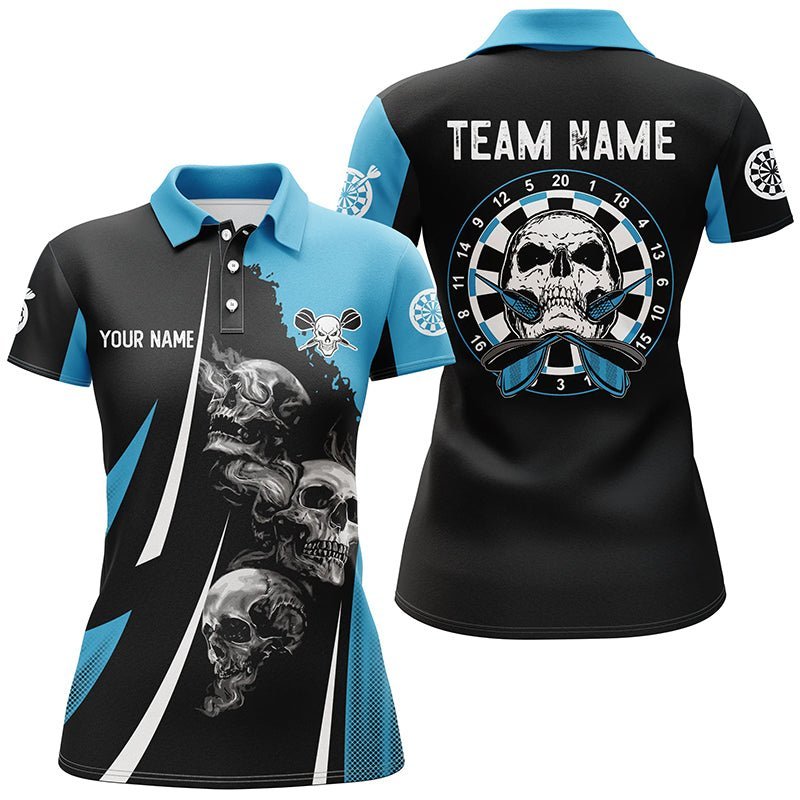 Personalisiertes Darts Polo Shirt für Damen mit Totenkopf-Motiv, schwarz-blau, individuell anpassbares Dart-Trikot H758 - Climcat
