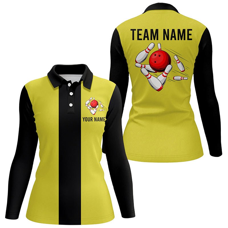 Personalisiertes Gelb-Schwarzes Retro Bowling Polo-Shirt für Damen - Individuelle Vintage-Bowling-Teamtrikots Q6981 - Climcat