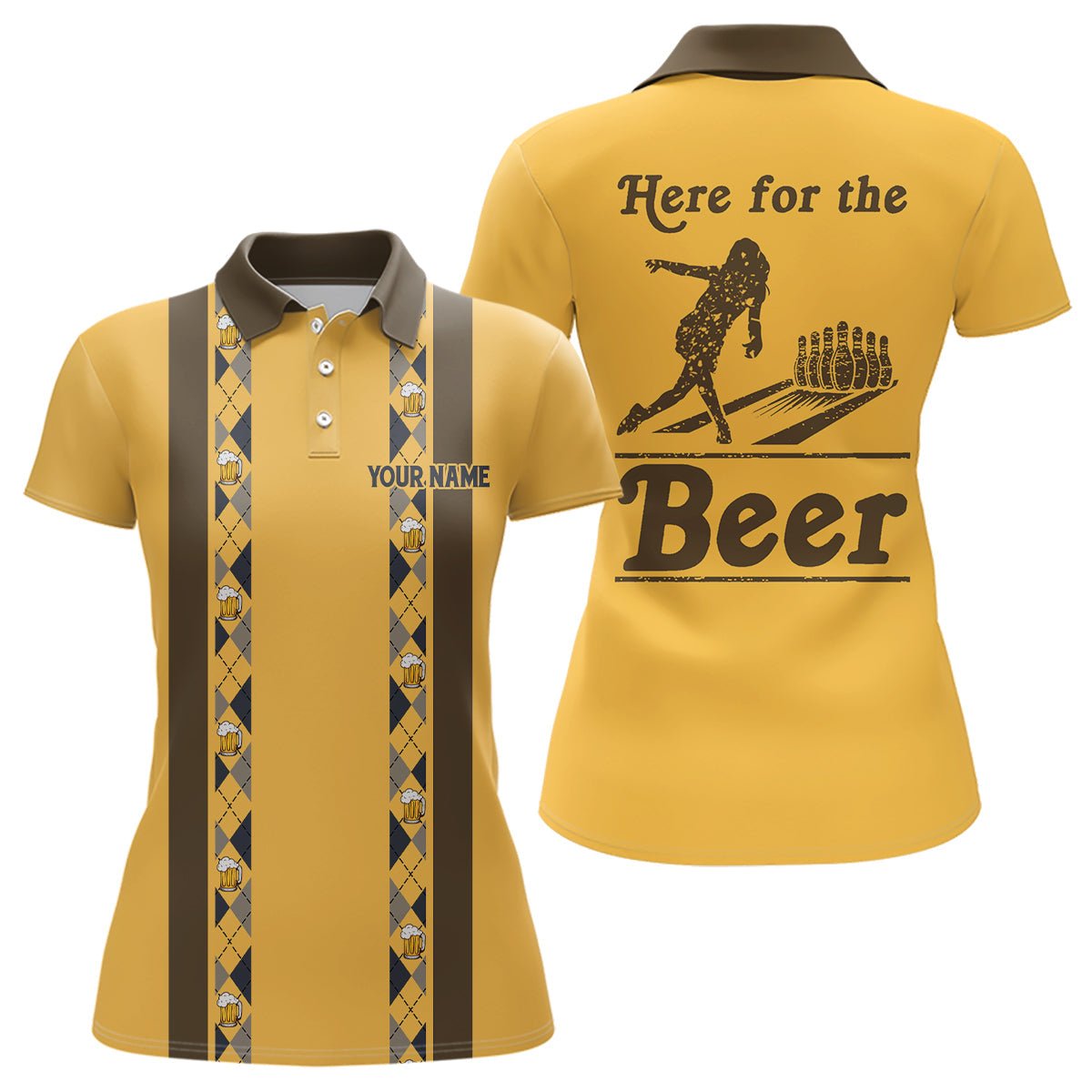 Personalisiertes gelbes Retro-Bowling-Polo-Shirt für Damen individuell Hier für das Bier-Bowling-Team Trikots Q6567 - Climcat