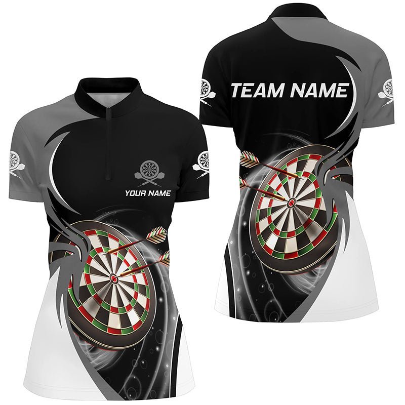 Personalisiertes grau-schwarzes Darts-Quarter-Zip-Shirt, individuell anpassbares Darts-Shirt für Frauen, Dart-Trikots G607 - Climcat