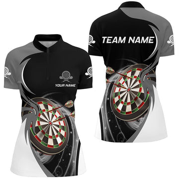 Personalisiertes grau-schwarzes Darts-Quarter-Zip-Shirt, individuell anpassbares Darts-Shirt für Frauen, Dart-Trikots G607 - Climcat