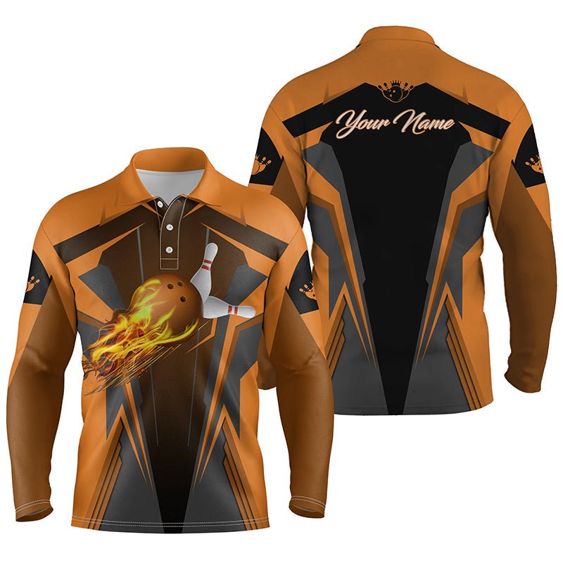 Personalisiertes Herren Bowling Polo Shirt mit Flammen Bowlingkugel und Pins, Bowling Polo für Herren | Orange Q4528 - Climcat