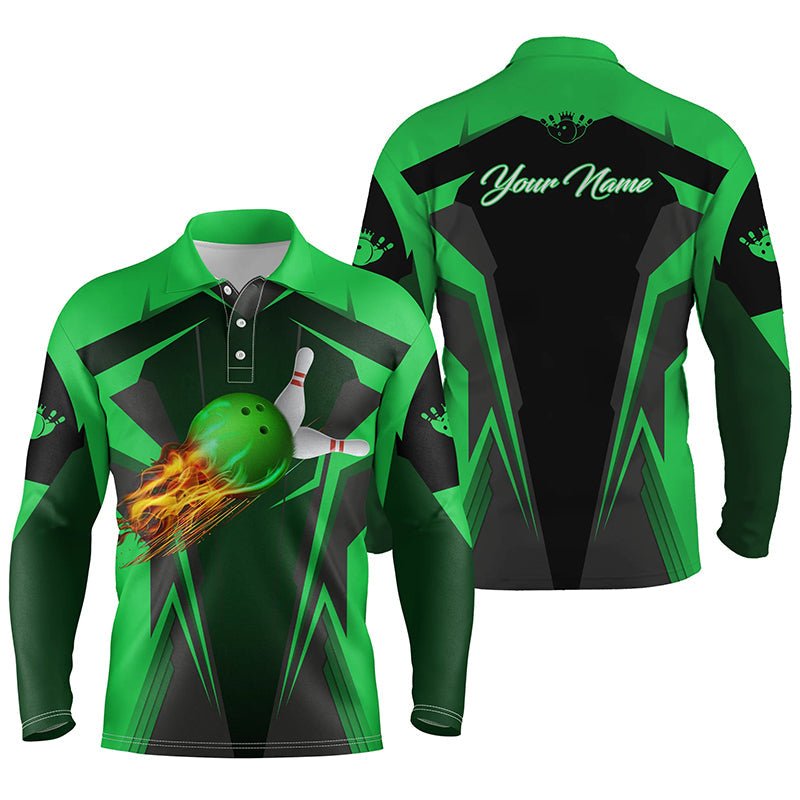 Personalisiertes Herren Bowling Polo Shirt mit Flammen Bowlingkugel und Pins, Bowling Polo für Männer | Grün Q4503 - Climcat