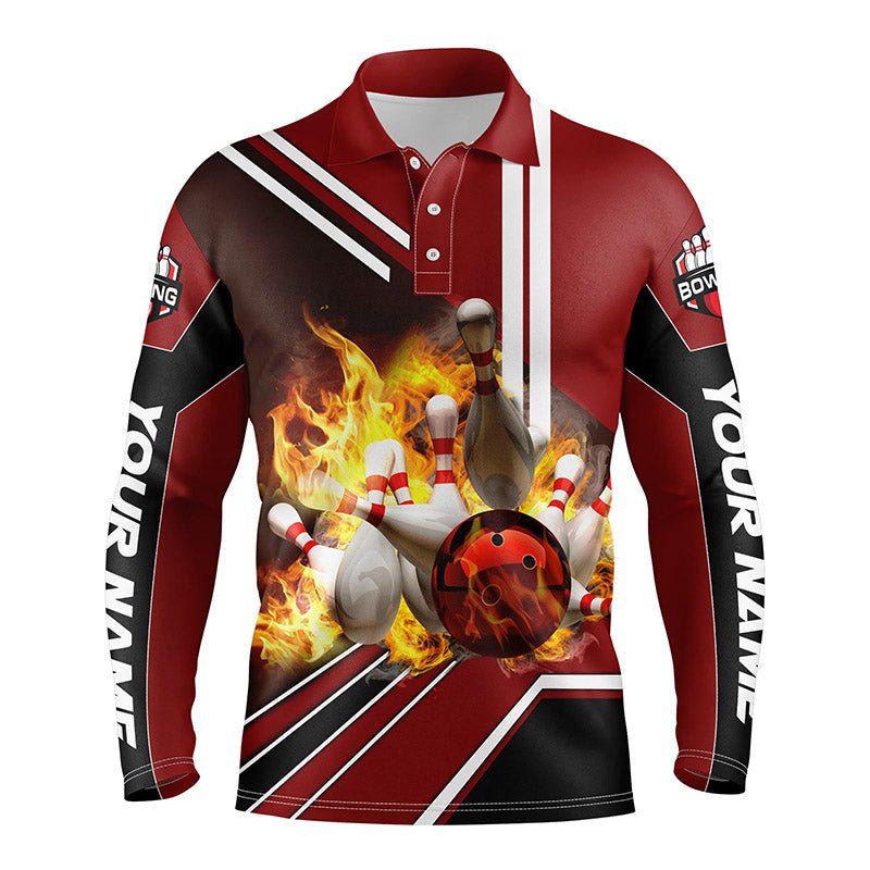 Personalisiertes Herren Bowling Polo Shirt mit Flammen Bowlingkugel und Pins, Bowling Polo für Männer | Rot Q4504 - Climcat