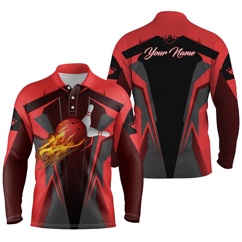 Personalisiertes Herren Bowling Polo Shirt mit Flammen Bowlingkugel und Pins, Bowling Polo für Männer | Rot Q4526 - Climcat