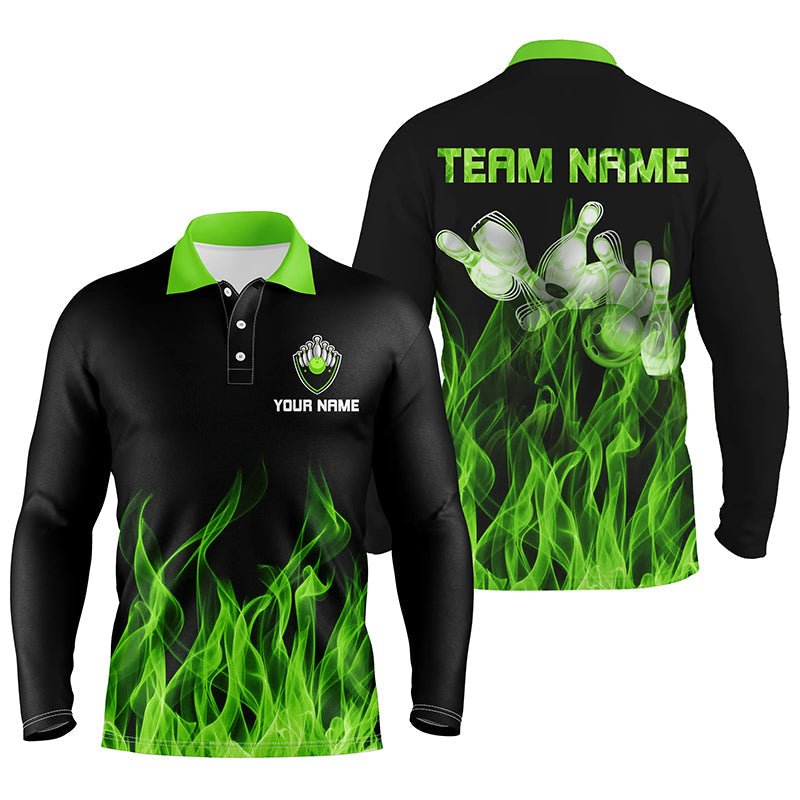 Personalisiertes Herren Polo Bowling Shirt Grün mit Flammen Bowlingkugel und Pins Bowling Trikots für Männer Bowler Q6034 - Climcat