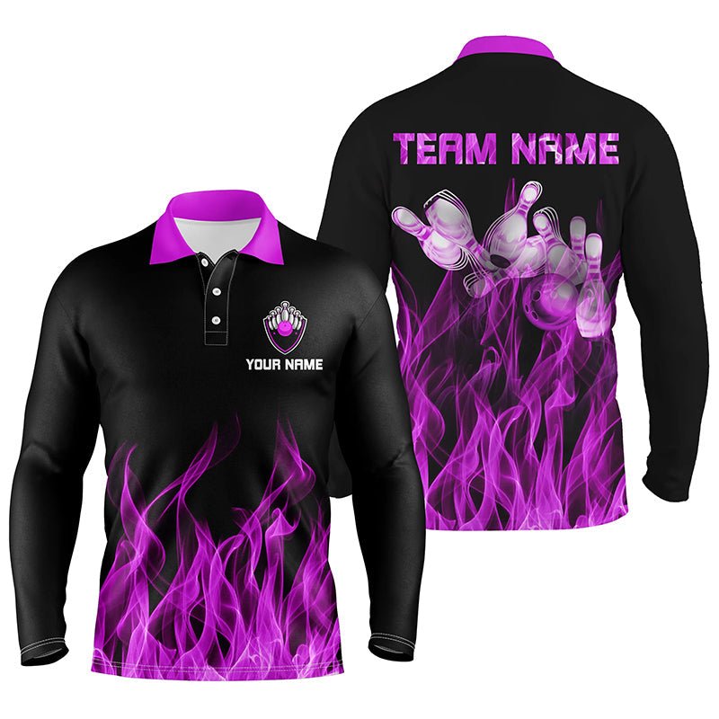 Personalisiertes Herren Polo Bowling Shirt Lila Flamme Bowlingkugel und Pins Bowling Trikots für Männer Bowler Q6035 - Climcat