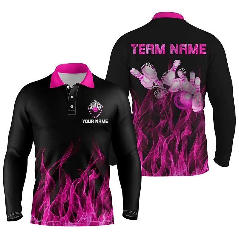 Personalisiertes Herren Polo Bowling Shirt Pink Flame Bowling Ball & Pins Tarnmuster Bowling Trikot für Männer Bowler Q5880 - Climcat