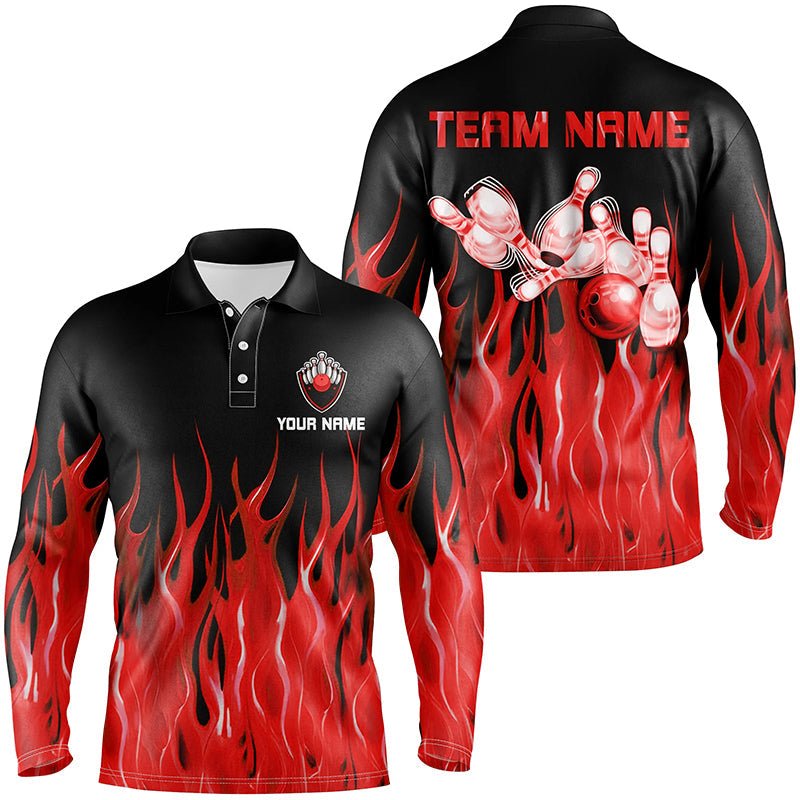 Personalisiertes Herren Polo Bowling Shirt - Rotes Flammen-Design - Bowlingkugeln und Pins - Bowling Trikot für Männer - Bowler Q7052 - Climcat
