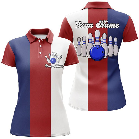 Personalisiertes Retro Bowling Polo-Shirt in Rot, Weiß und Blau für Damen - Vintage Bowling Team Trikots - Q6569 - Climcat