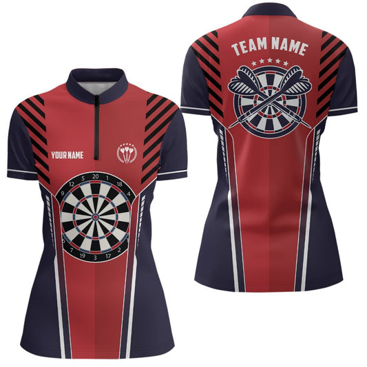 Personalisiertes rotes und marineblaues Sport-Darts-Quarter-Zip-Shirt im coolen Stil für Damen, Dart-Trikot D392 - Climcat