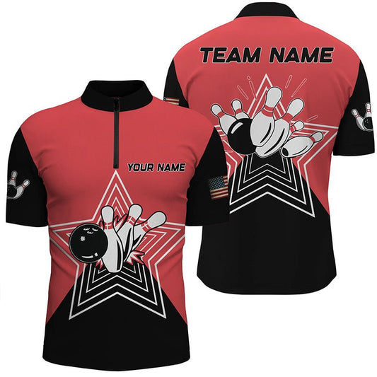 Retro Bowling Ball Pins Star - Individuelle Herren Bowling Quarter Zip Shirts für Teams und Ligen (Rot/Schwarz, Q6787) - Climcat