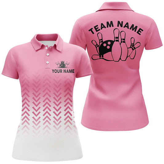 Retro Bowling Polo Shirts für Damen | Personalisierte Teamshirts | Bowling Trikots | Geschenke für Bowler | Pink Q6938 - Climcat