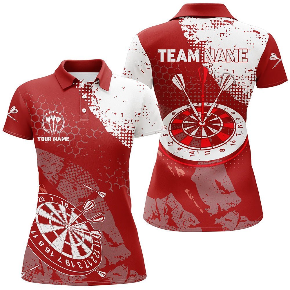 Retro Rotes Weißes Muster, individuell anpassbares Damen Dart Polo Shirt, Dart Team Trikots für Frauen Z694 - Climcat