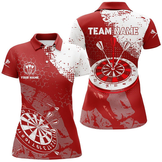 Retro Rotes Weißes Muster, individuell anpassbares Damen Dart Polo Shirt, Dart Team Trikots für Frauen Z694 - Climcat