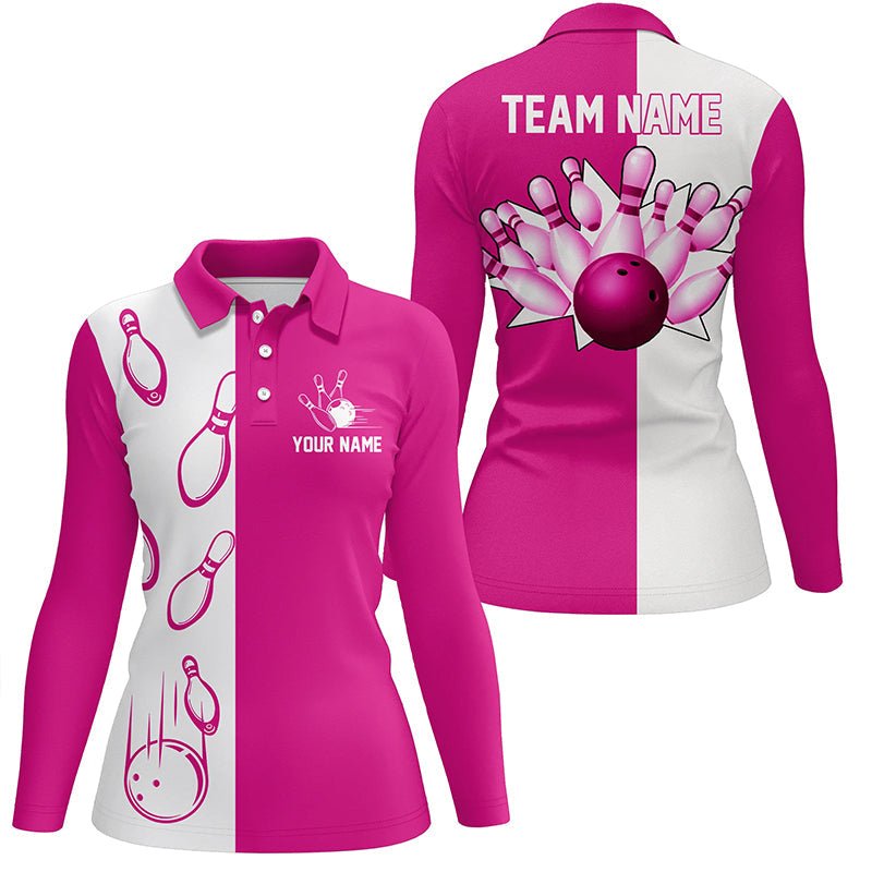 Retro Vintage Bowling Polo Shirts für Damen in Pink und Weiß | Personalisierte Bowling Team Trikots | Q6655 - Climcat