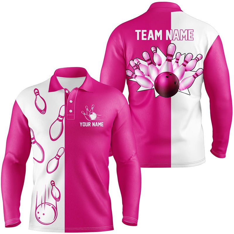 Retro Vintage Bowling Polo Shirts für Herren in Pink und Weiß | Personalisierte Bowling Team Trikots | Q6655 - Climcat