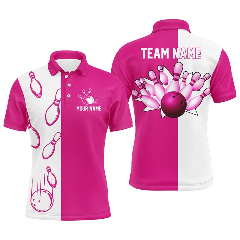 Retro Vintage Bowling Polo Shirts für Herren in Pink und Weiß | Personalisierte Bowling Team Trikots | Q6655 - Climcat