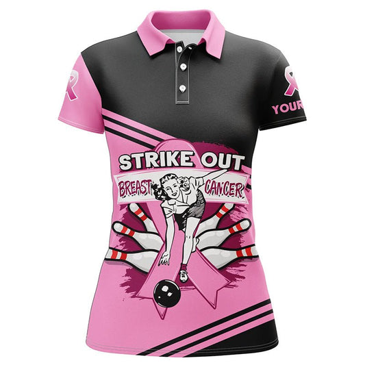Rosa Damen Bowling Polo Shirt - Personalisiertes Strike Out Brustkrebs Bowling Team Trikot, Bowling Geschenk Q6382 - Climcat