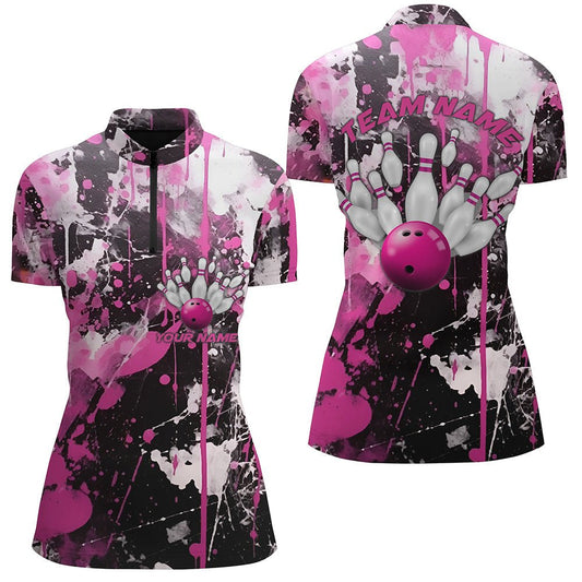 Rosa Tarnmuster Bowling Team Shirts Damen Viertelreißverschluss Individuelle Bowling Liga Trikots P5411 - Climcat