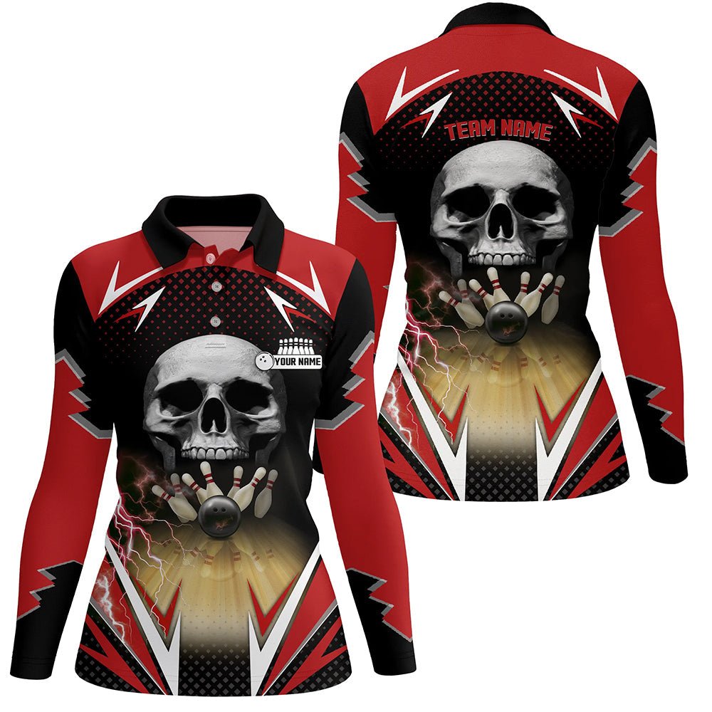 Rote und schwarze Bowling-Skull-Polo-Shirts für Damen, individuell gestaltete Bowlingkugel-Pins, Team-Liga-Trikots Q6251 - Climcat