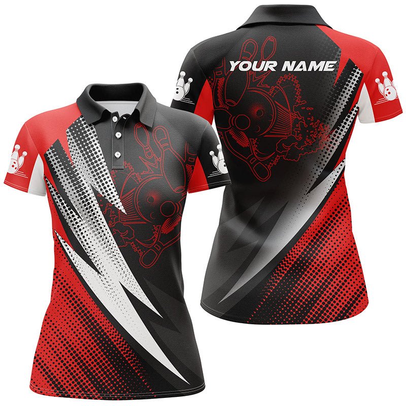 Rote und schwarze Bowlingkugeln und Pins - Personalisierbare Bowling-Poloshirts für Frauen, Team-Bowlingtrikots Q4847 - Climcat