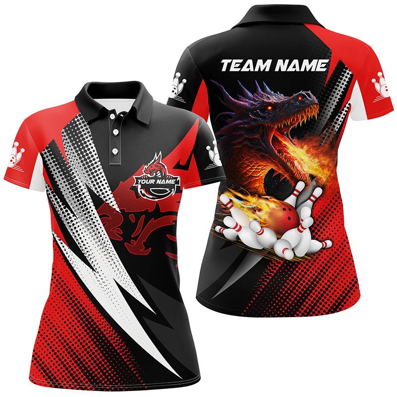 Rote und schwarze Flame Dragon Bowlingkugeln Pins, individuelle Bowling-Poloshirts für Frauen, Bowlingtrikots Q6497 - Climcat