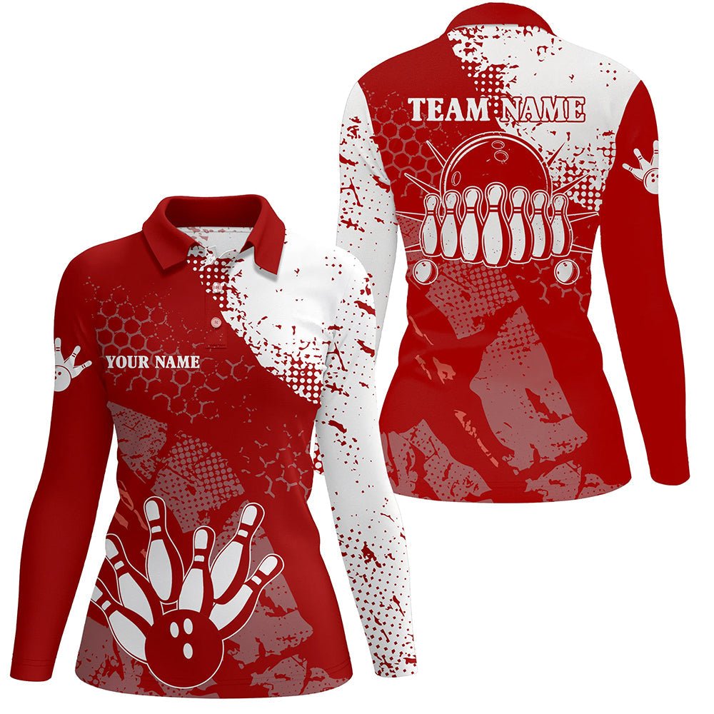 Rote und weiße Damen Bowling Polo Shirts - Personalisiertes Retro Bowling Kugel Pin Bowling Team Liga Trikot Q6500 - Climcat