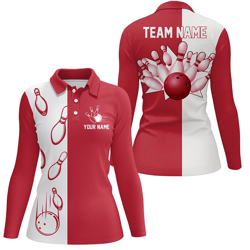 Rote und weiße Retro-Vintage-Bowling-Polo-Shirts für Damen - Personalisierte Bowling-Teamtrikots Q6482 - Climcat