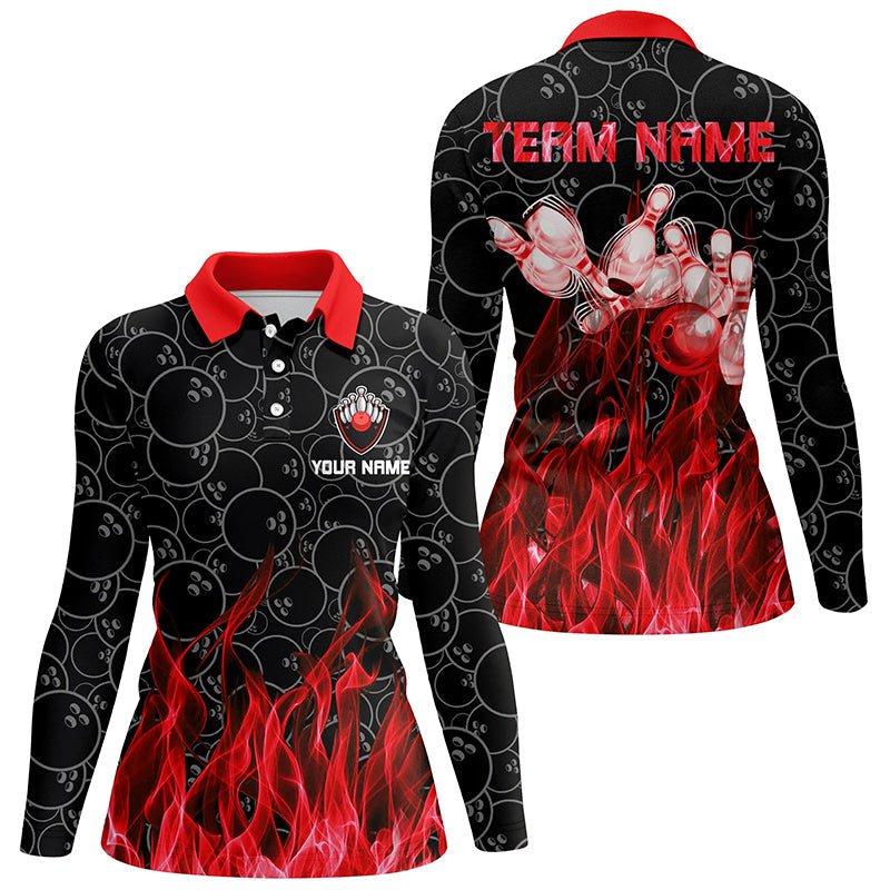 Rotes Flammen Damen Bowling Polo Shirt Schwarz Camo Bowling Trikots Personalisierte Bowling Team Shirts Q6739 - Climcat