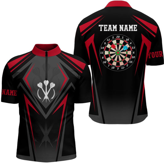 Rotes schwarzes sportliches personalisiertes Dart-1/4-Zip-Shirt, individuelles Herren-Dart-Shirt, Dart-Trikots P124 - Climcat