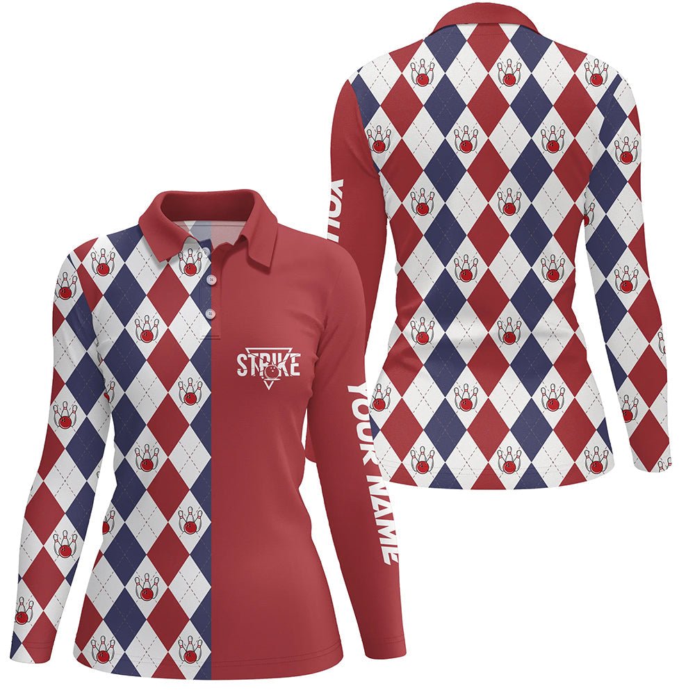Rotes weißes blaues Argyle-Karo-Muster Damen Bowling Polo Shirt individuelle Bowling Strike Team Trikots Q6830 - Climcat