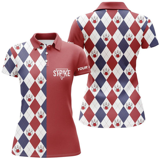 Rotes weißes blaues Argyle-Karo-Muster Damen Bowling Polo Shirt individuelle Bowling Strike Team Trikots Q6830 - Climcat