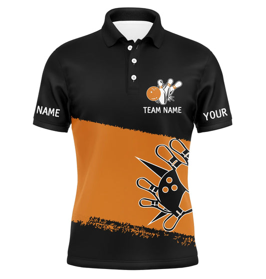 Schwarze orangefarbene Bowlingkugeln und Pins - Personalisierte Bowling-Polo-Shirts für Herren, Team-Bowlingtrikots Q4769 - Climcat