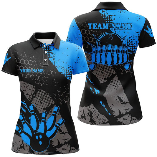 Schwarze und blaue Damen Bowling Polo Shirts - Personalisiertes Retro Bowling Trikot mit Bowlingkugel-Pins - Bowling Team Liga Trikots Q6314 - Climcat