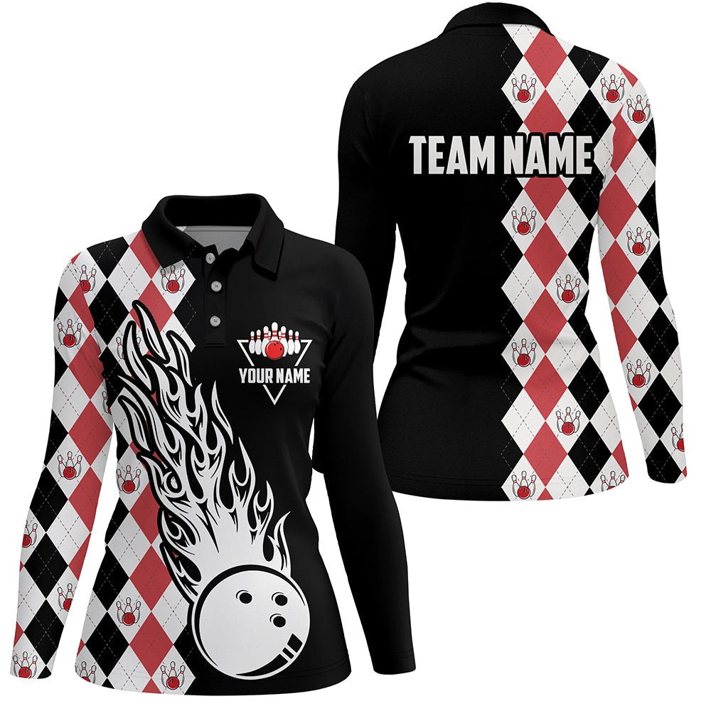 Schwarze und rote Argyle-Muster Bowling Fire Polo Shirts für Damen - Personalisierte Bowling Team Liga Trikots Q6912 - Climcat