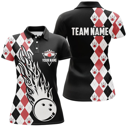 Schwarze und rote Argyle-Muster Bowling Fire Polo Shirts für Damen - Personalisierte Bowling Team Liga Trikots Q6912 - Climcat