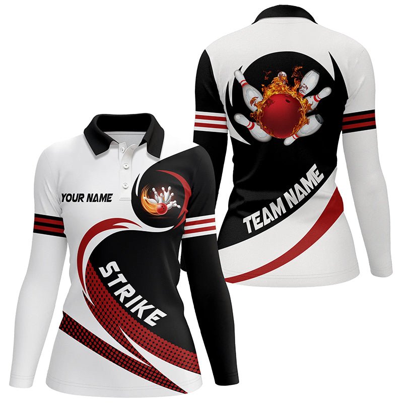 Schwarze und weiße Bowling-Polo-Shirts für Damen - Individuell gestaltbar mit Flammenmotiv - Bowlingkugel Feuerstoß - Team Liga Trikot Q6717 - Climcat