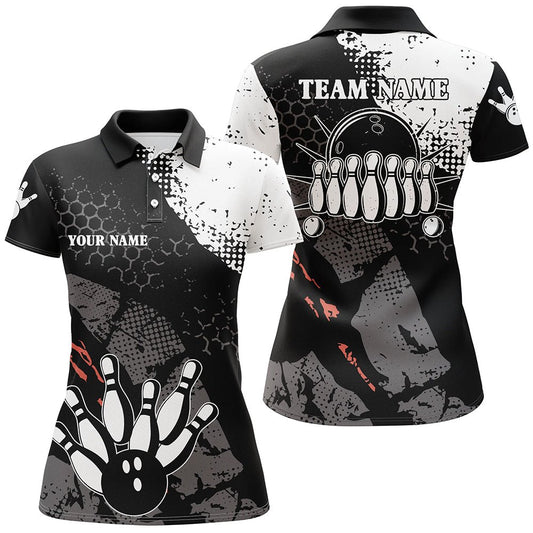Schwarze und weiße Damen Bowling Polo Shirts - Personalisiertes Retro Bowling Kugel Pins Bowling Team Liga Trikots Q6264 - Climcat