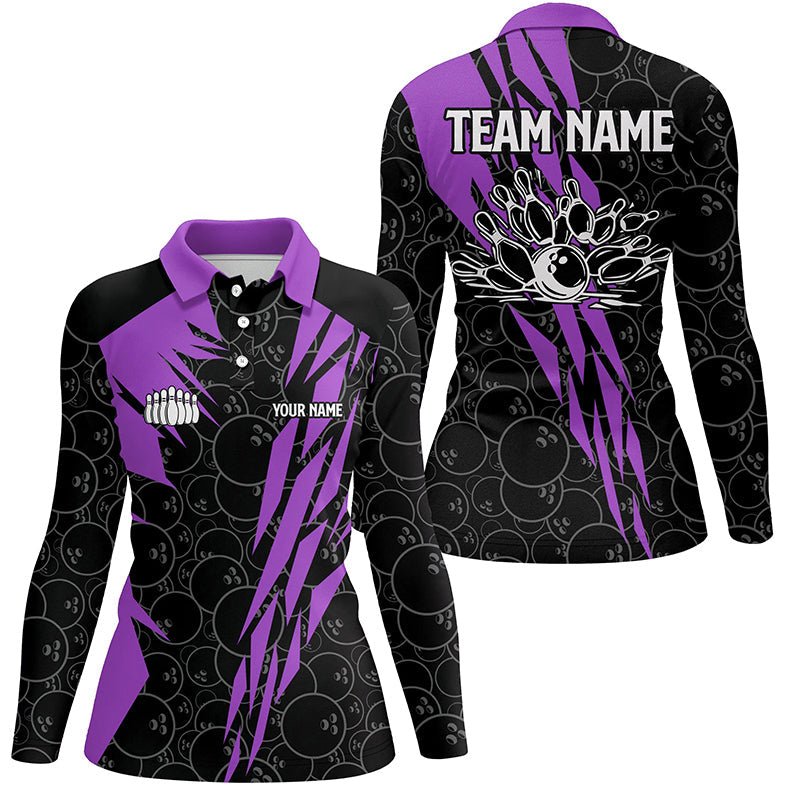 Schwarzes Bowling-Camo Damen Bowling Polo Shirt | Individuelle Bowling Strike Team Liga Trikots | Lila Q6773 - Climcat
