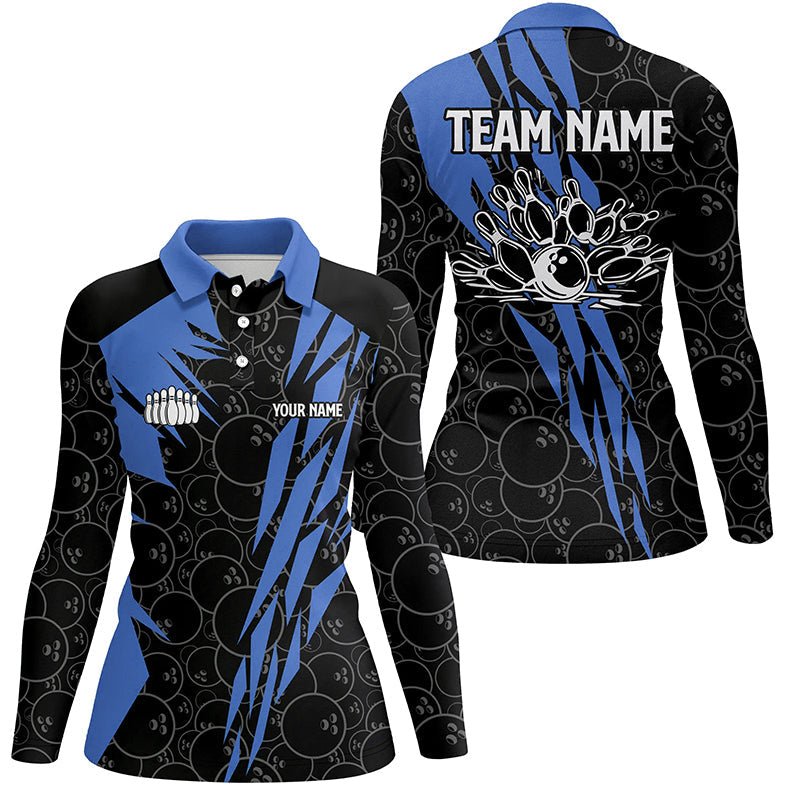 Schwarzes Bowling-Camo Damen Bowling Polo Shirt | Personalisiertes Bowling Strike Team Liga Trikot | Blau Q6771 - Climcat