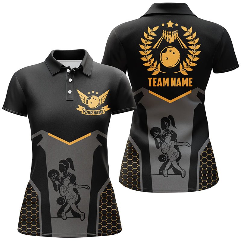 Schwarzes Bowlingtrikot für Damen | Personalisiertes Retro-Bowling-Poloshirt für Team-Bowler | Gelb Q6673 - Climcat