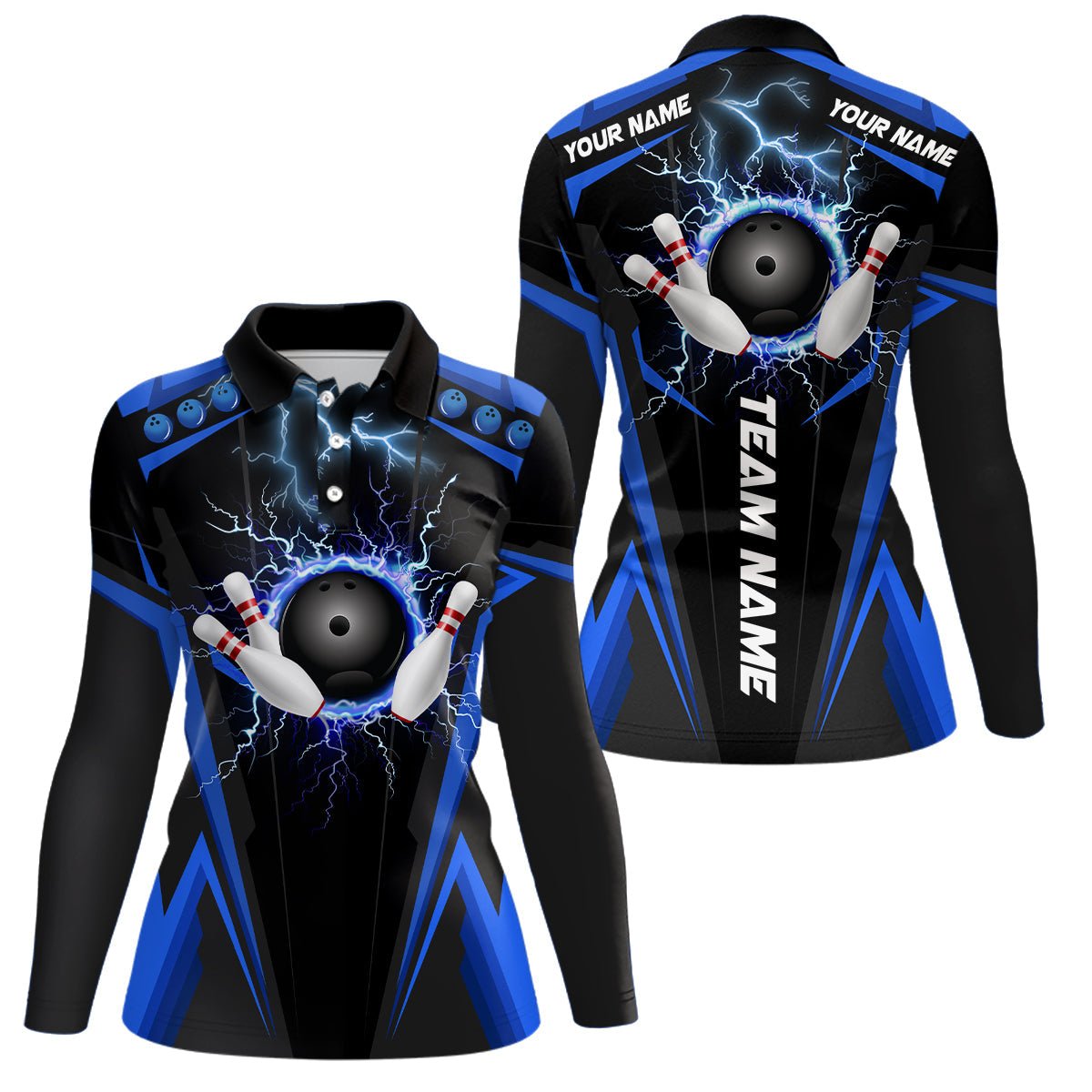 Schwarzes Damen Bowling Polo Shirt | Individuelles Blitz- und Donner-Team Liga Bowling Trikot | Blau Q6676 - Climcat