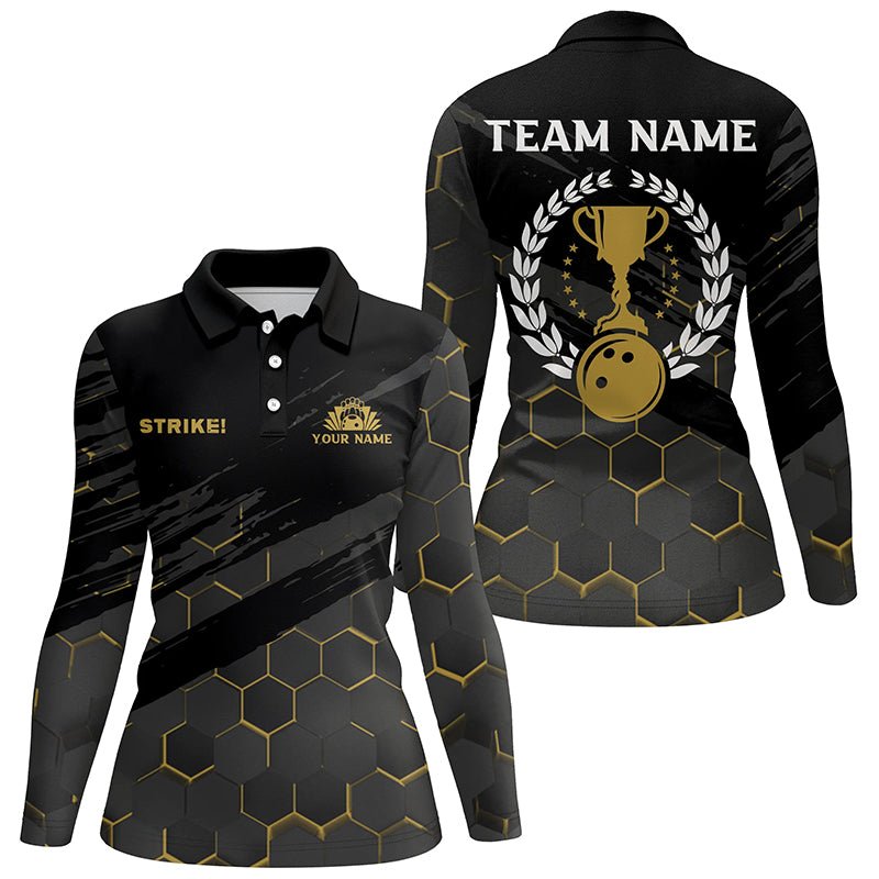 Schwarzes Damen Bowling Polo Shirt - Personalisiertes Bowling Strike Bienenmuster Team Damen Trikot Q6703 - Climcat
